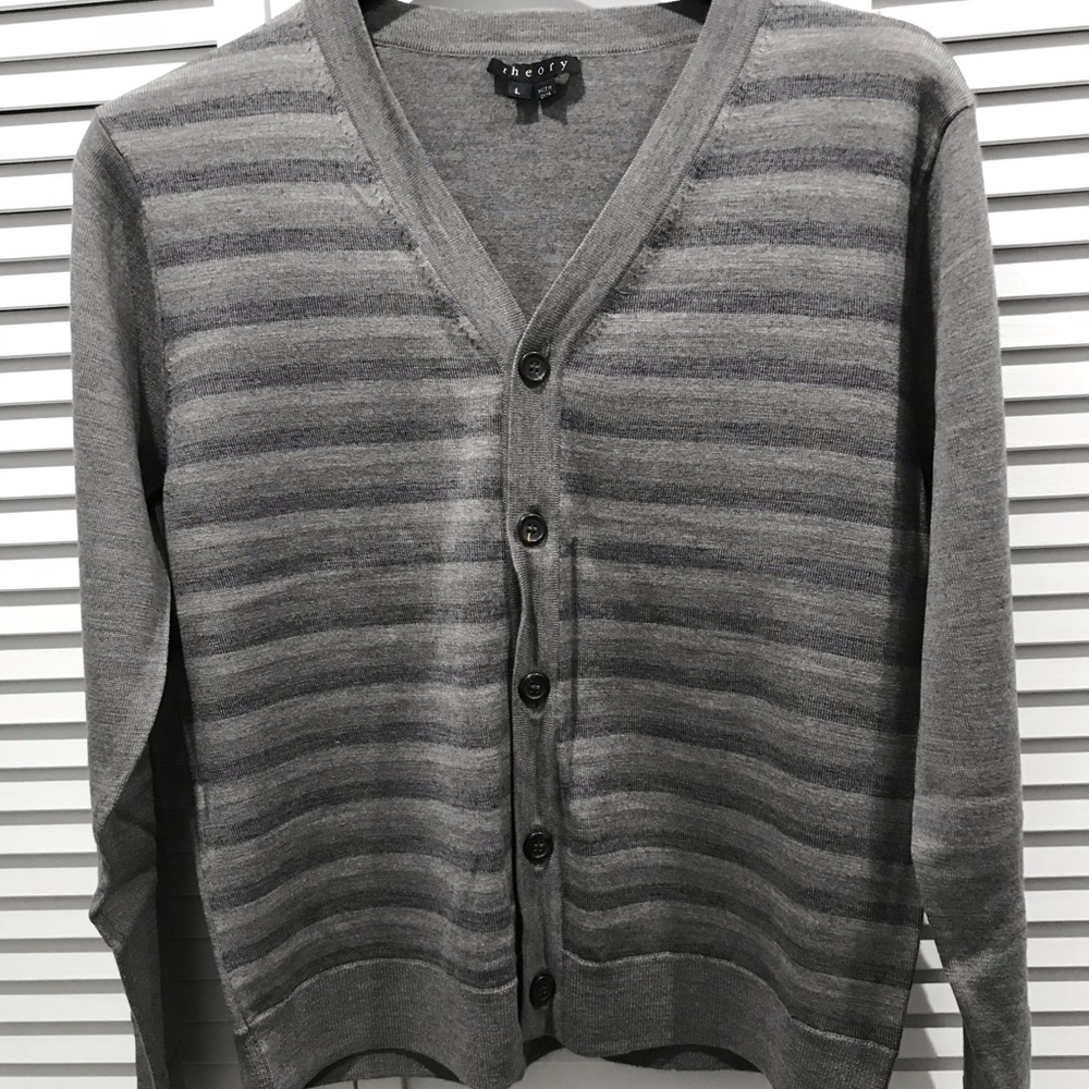 Theory men’s grey striped merino wool cardigan